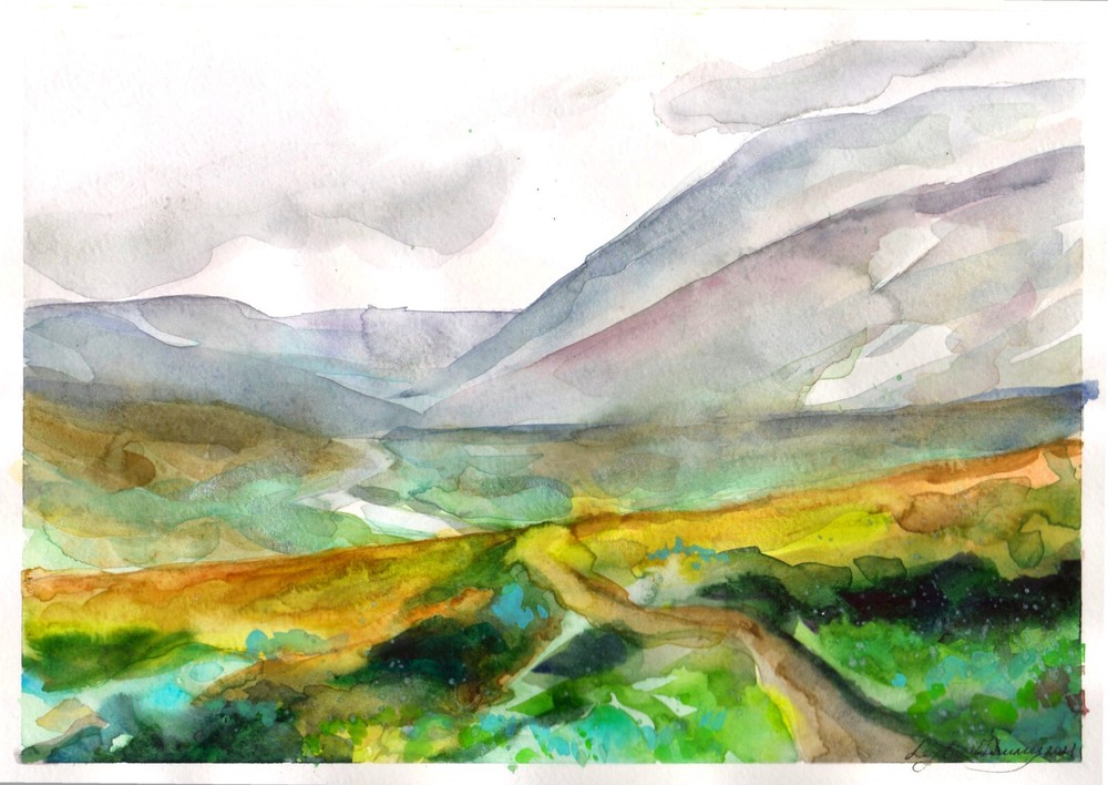 Serene Watercolor Art of Mountains and Lush Green Valley