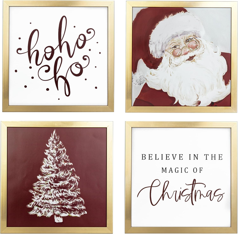 Framed Christmas Wall Art, Santa Claus Christmas Wall Decor, 4 Pack 10X10 Inch C