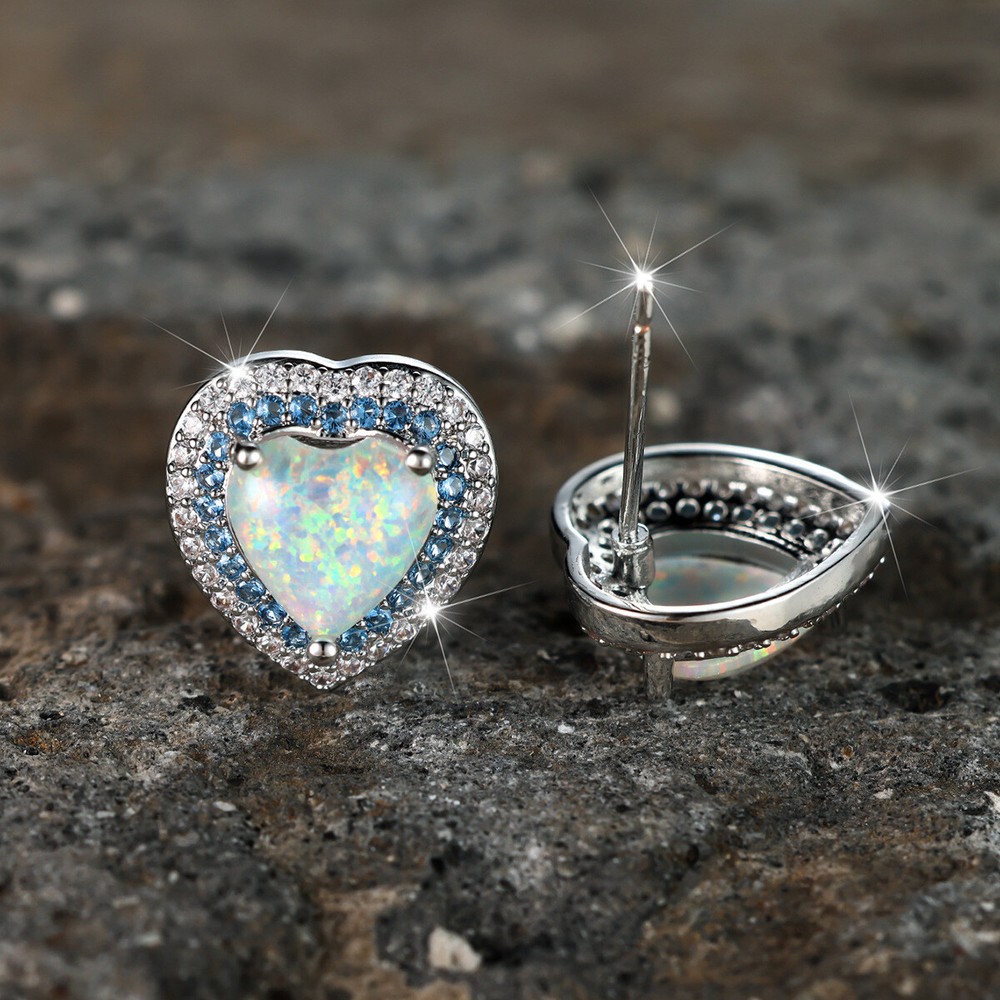 Heart Shaped White Opal and Gemstone Color Halo Stud Earrings