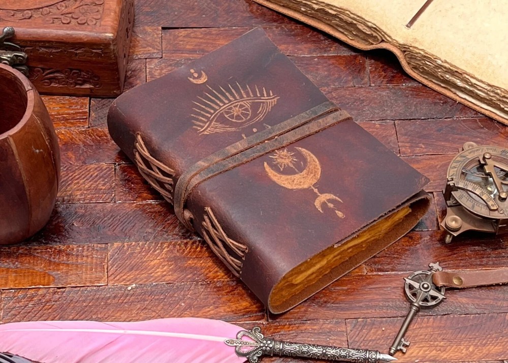 Vintage Leather Travel Journal with Embossed Eye and Moon Design