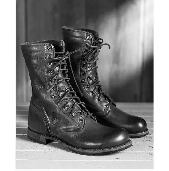Handmade Black Leather Combat Boots for Men | Military-Inspired Dress Boots