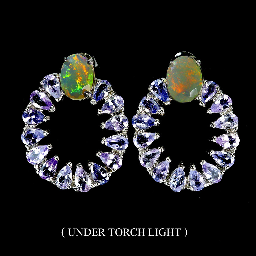 Valentine 925 Silver Earrings with Oval Fire Opal and Tanzanite Gemstone