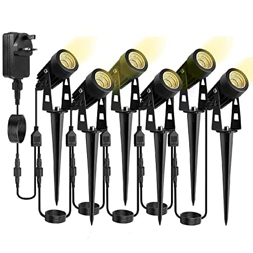 30m Garden Spotlights Mains Powered Waterproof 18W 6-Packs Garden Spike Lights