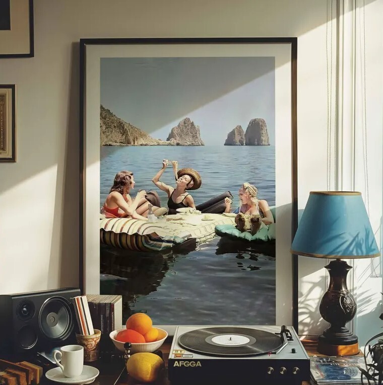 Women Eating Pasta on Lake | Vintage Beach Scene Poster