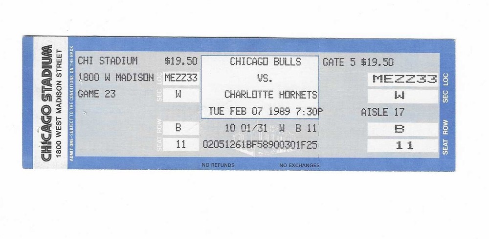 Chicago Bulls vs Charlotte Hornets unused Basketball Ticket from 2/7/1989