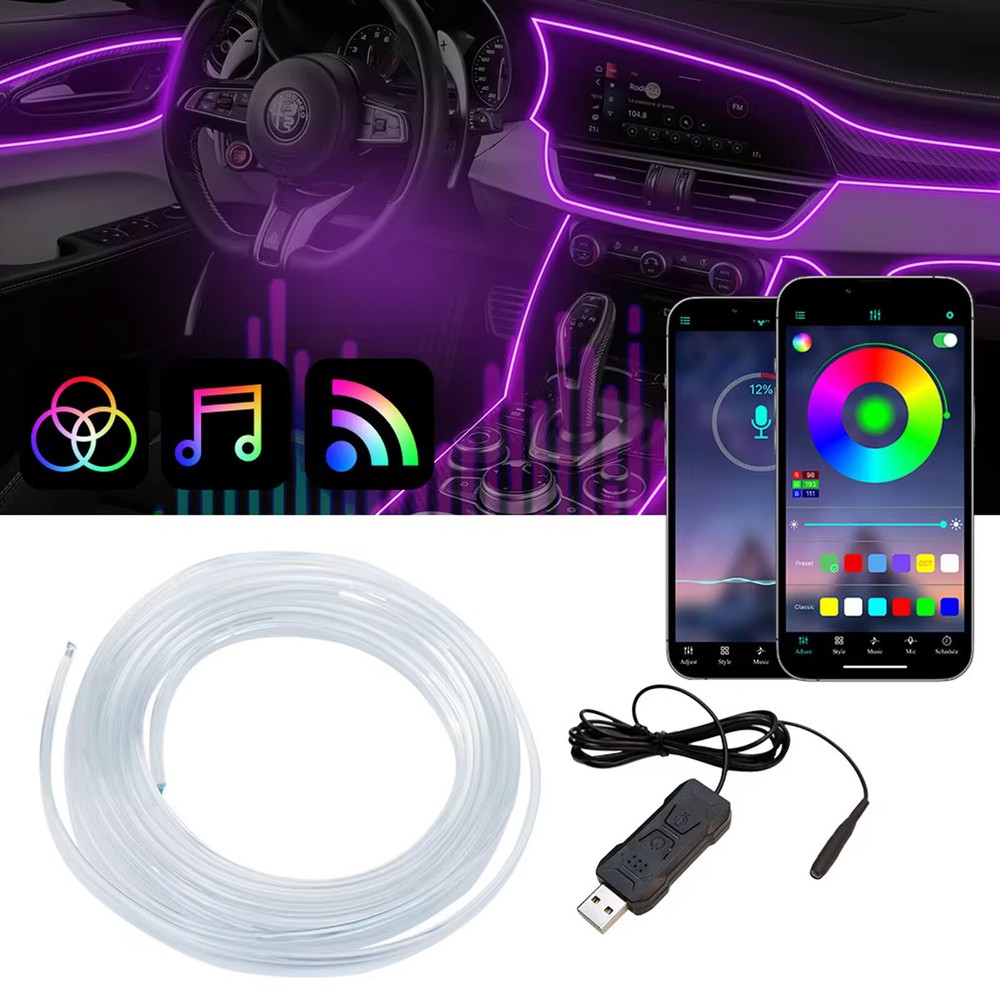 5M Car Ambient RGB Interior LED Strip Light APP Music Control Atmosphere Lamps