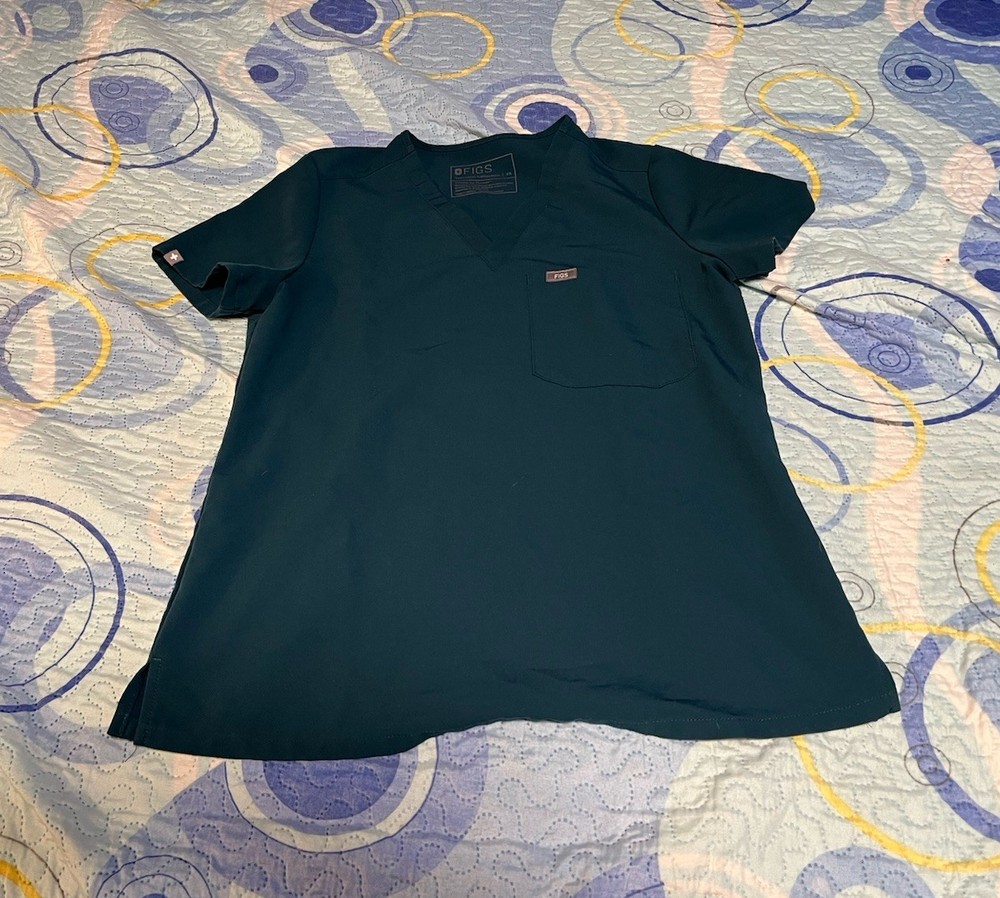 FIGS Scrub Top Women XS Blue/Green V Neck Short Sleeve Technical Medical Nursing