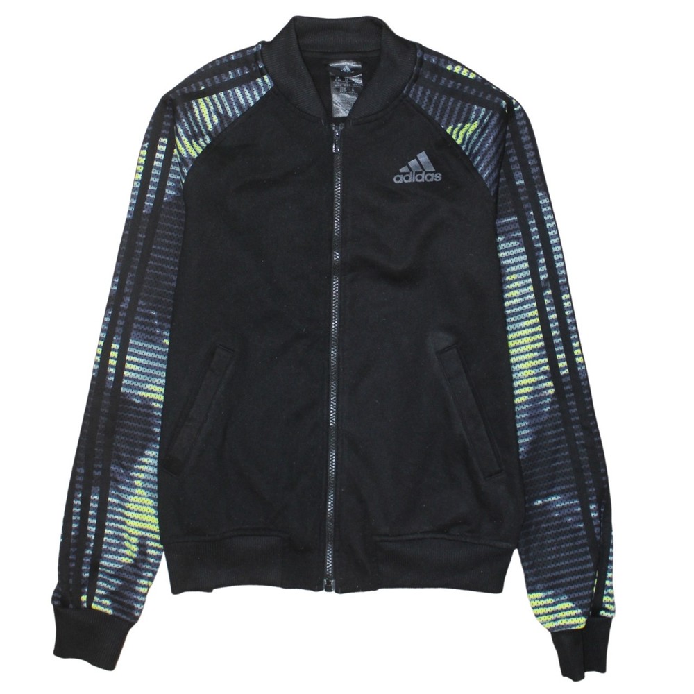 Adidas Womens Sweatshirt Black Full Zip Striped Raglan Sleeves Logo Detail XS