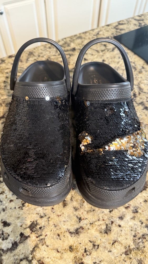 CROCS Classic Bae Silver Gold Sequin Platform Clog Size 9 Black Multi