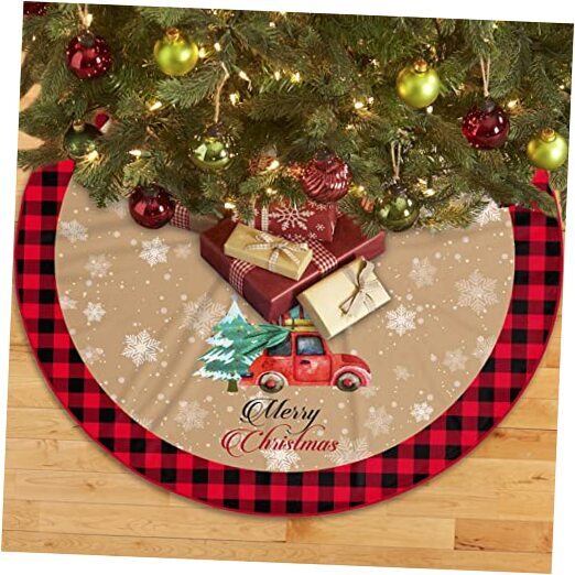 Christmas Tree Skirt, 48 Inch Truck Xmas Tree Skirt with Black Buffalo Red