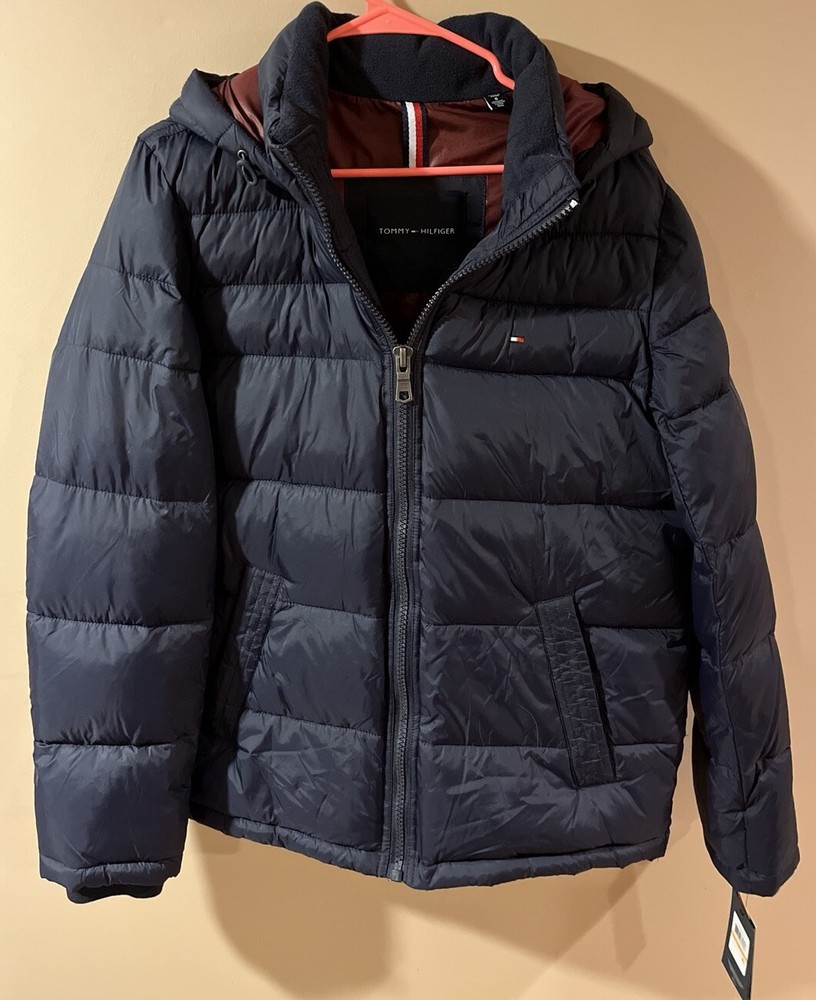 Tommy Hilfiger Mens Blue Water-Resistant Puffer Jacket with Hood Size S
