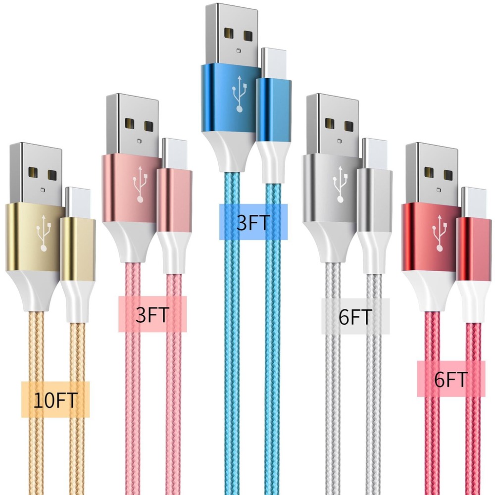 5-Pack Braided USB-C Cables 3FT/6FT/10FT Fast Charging A to C