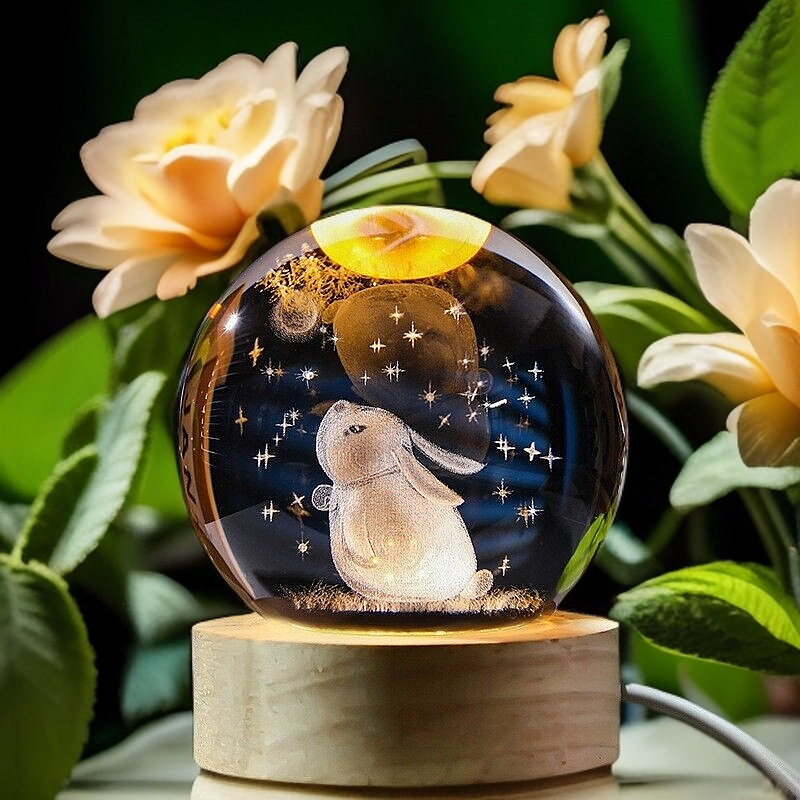 3D Carved Rabbit Crystal Ball Night Light with Wooden Base - Soothing Kids Gift & Healing Decor