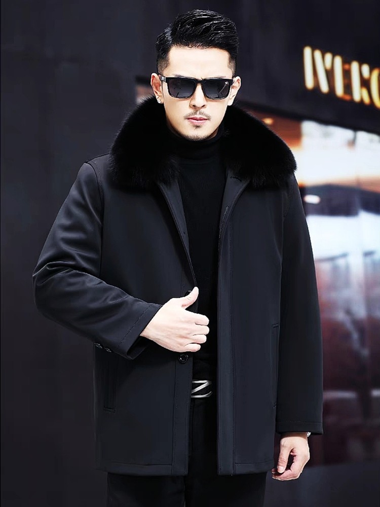 Men's Lamb Wool Fur Coat Real Shearling Parka Winter Outerwear Fur Collar Jacket