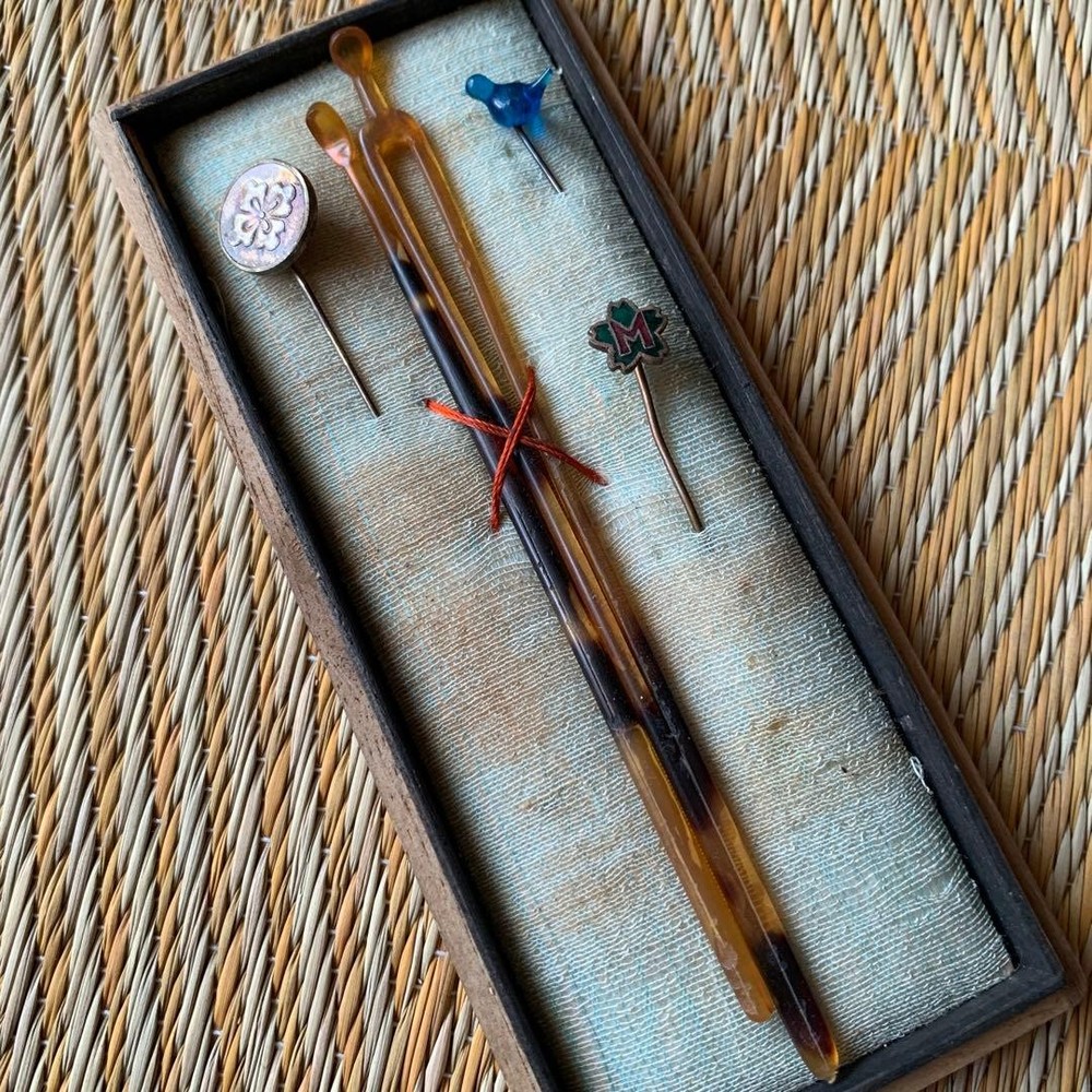 Kanzashi Kimono Antique pbird small wooden box