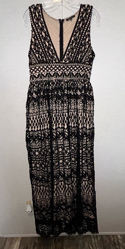 The Clothing Company Black Maxi Dress Long Lanced Lined Tan Color Sz L