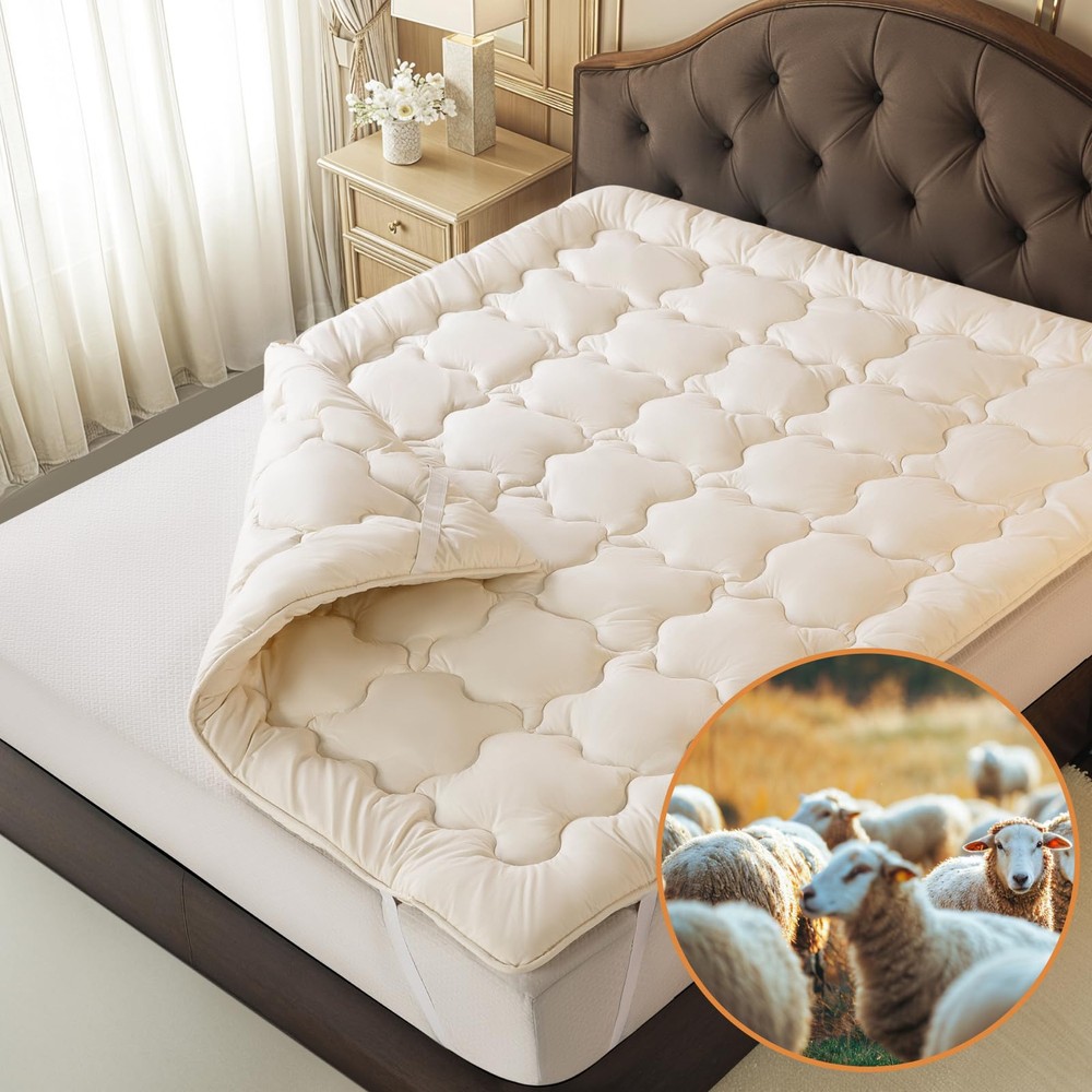 Baauye Organic Merino Wool Mattress Topper Queen Size, Extra Thick 1100 GSM A...