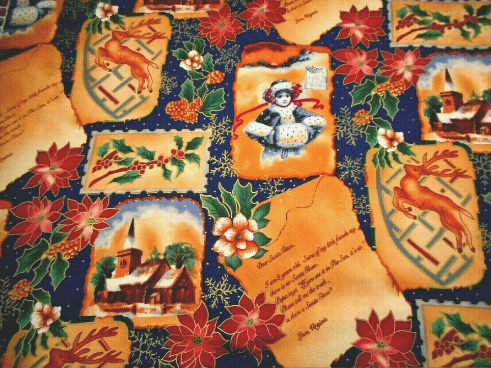 Vintage Christmas Floral Metallic Dark Blue Cotton Fabric 1 7/8 Yard Sale #48-image