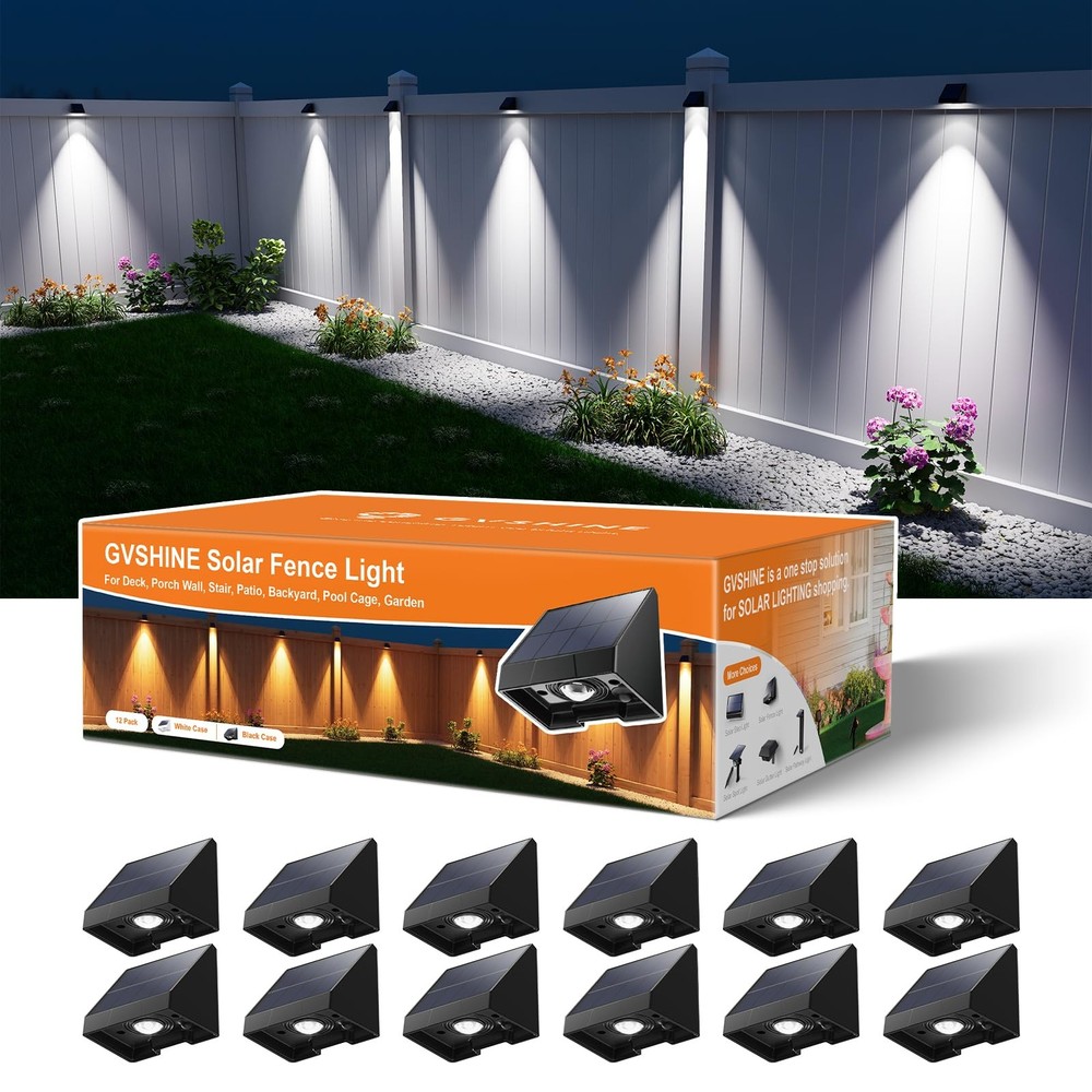 12 Pack Decorative Solar Powered Fence Lights Outdoor Waterproof with Cool Wh...
