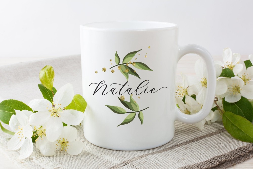 Personalised Mug Bridesmaid Mug Personalised Name Mug Leaf Mug Floral Mug Custom