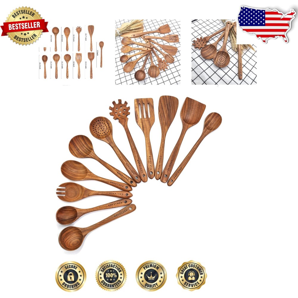 Elegant Wooden Cookware Set - 11 Durable Teak Utensils for Kitchen Mastery