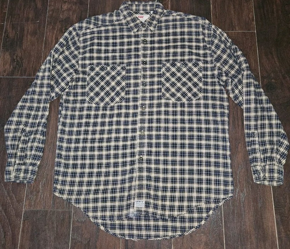 Vintage Levi's Men's Sz Large Blue Plaid Heavy Denim Metal Button Up Shirt