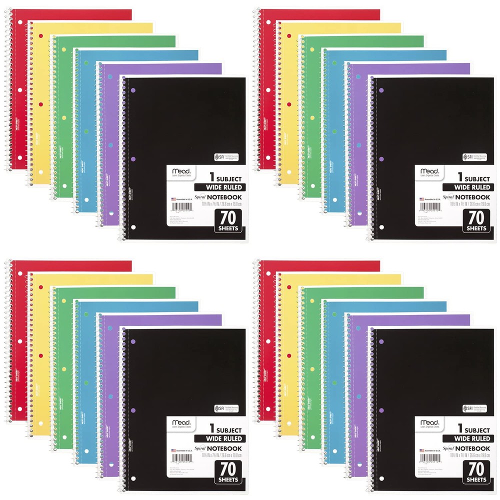 24-Pack Spiral Notebooks 1-Subject Wide Ruled 7.5x10.5 70 Sheets