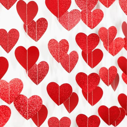 Valentines-Day Party-Decorations Red Heart Garland - 62FT Glitter Red Heart