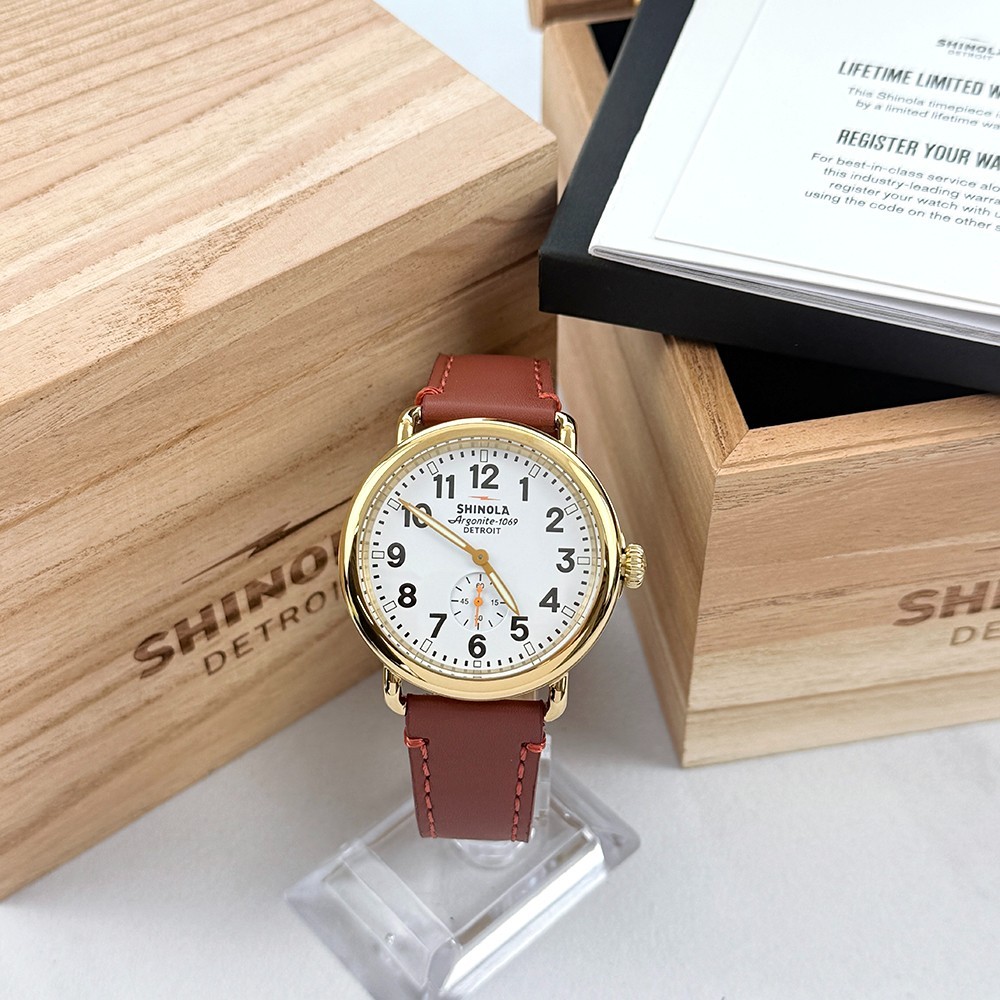 Shinola Runwell Men's White Dial Leather Strap Quartz Watch 41mm