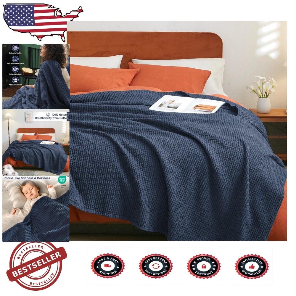 Breathable Twin Waffle Weave Cotton Blanket in Dark Navy - Ideal Home Gift  