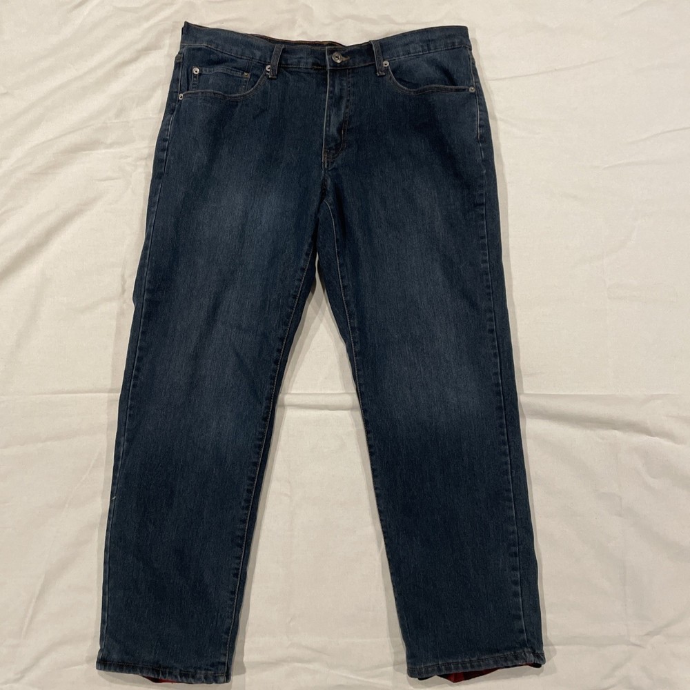 Eddie Bauer Straight Fit Dark Wash Denim Jeans Flannel Lined Men's 36x32 Blue