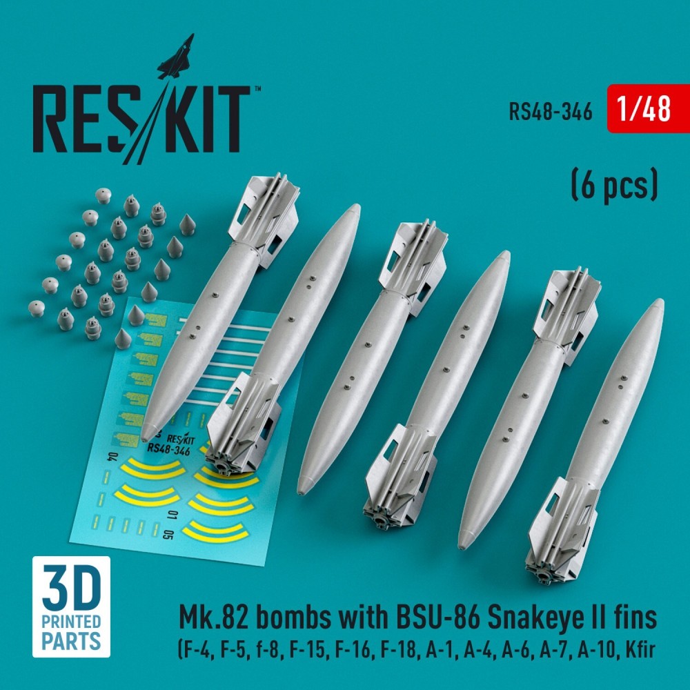 1:48 ResKit RS48-0346 Mk.82 BSU-86 Snakeye II Bombs F-4 F-16 A-10 6pc 3D