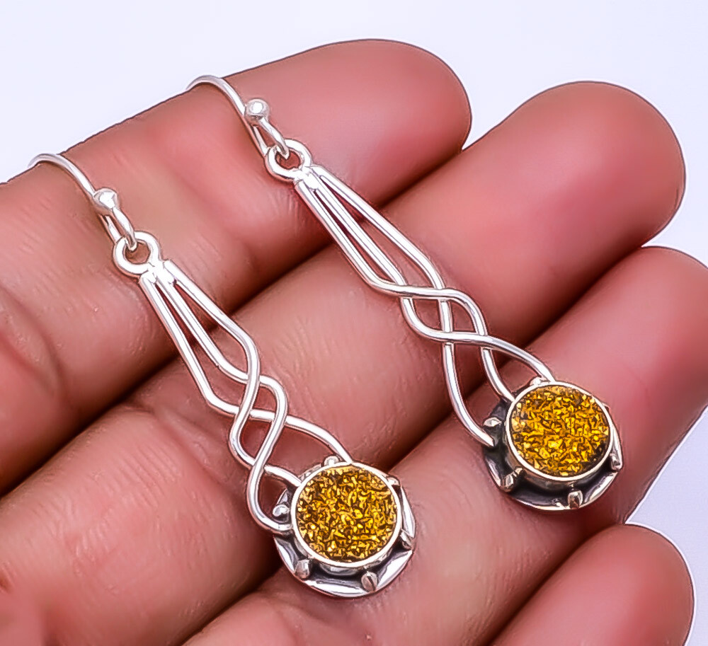 Gold Titanium Agate Drusy Designer Handmade 925 Sterling Silver Earring 2.03