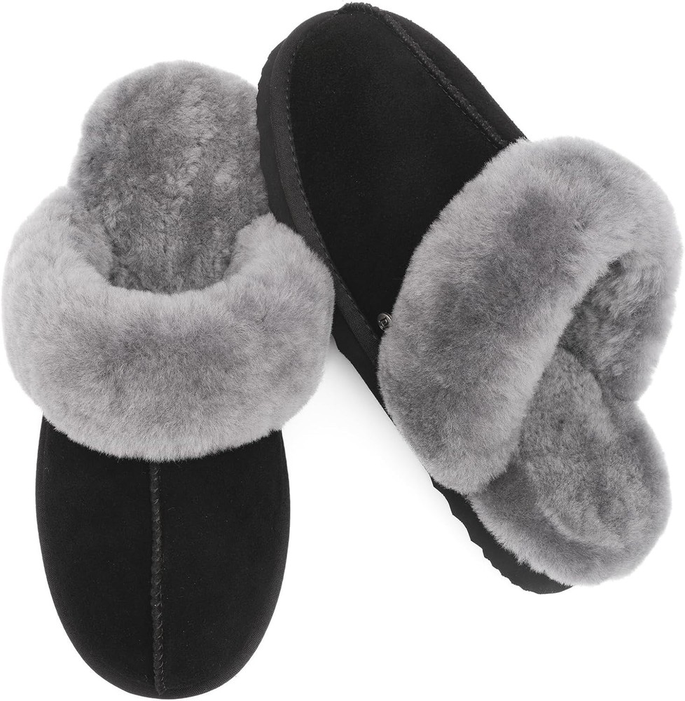 Women's Shearling Slippers Genuine Leather with Rubber Sole, Size 9