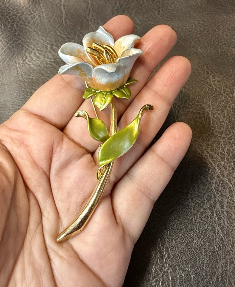 s254 Vintage Luxury Large Brooch by Coro, Flower, Gold Tone, Enamel, 1950s