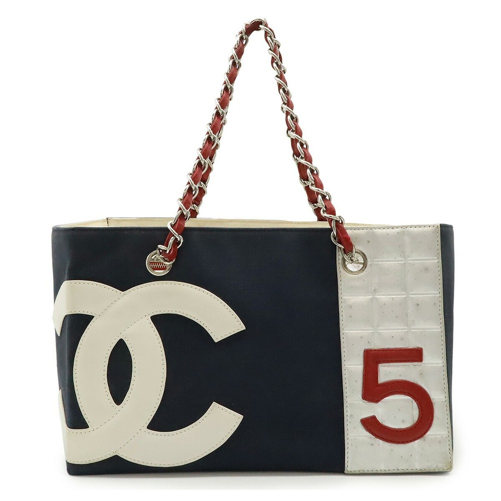 Chanel Coco Mark No.5 Canvas Leather Tote Bag Navy Red Silver Used