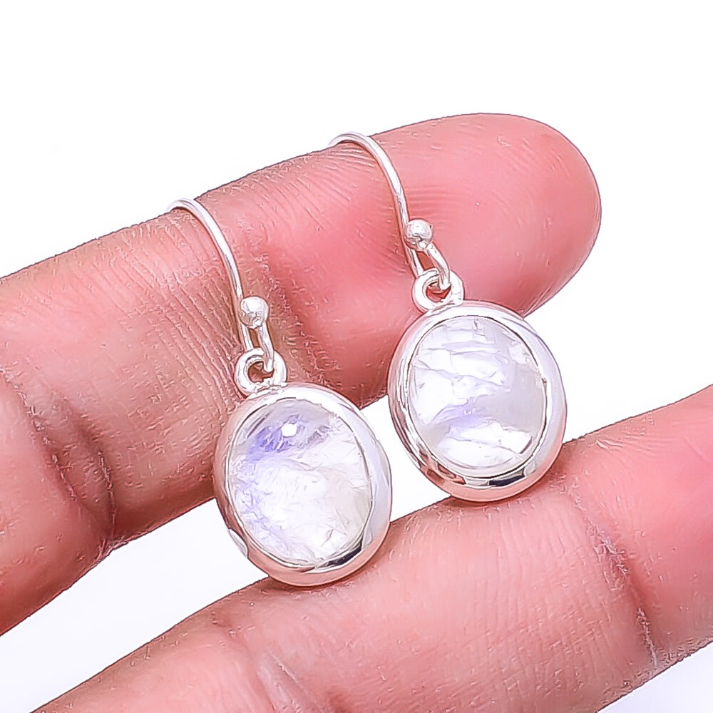 Natural Rainbow Moonstone India Gemstone in 925 Sterling Silver Earrings 1.17 Inches E65