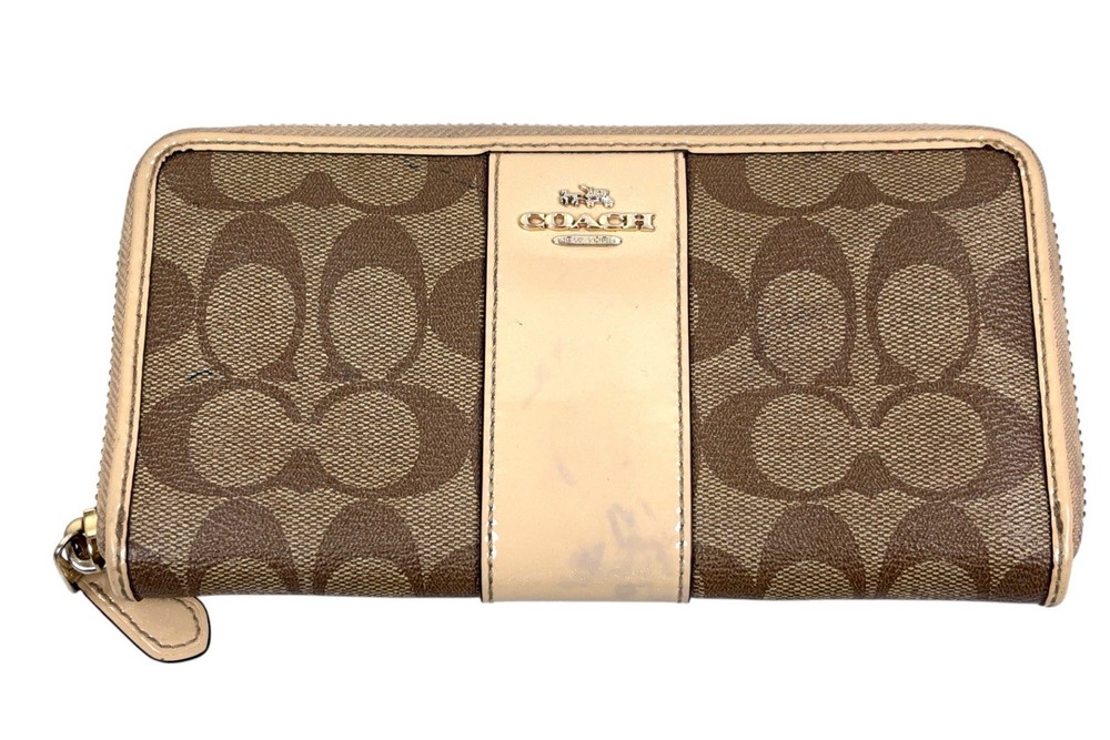 Coach Brown Tan Leather and Canvas Accordion Zip Around Long Wallet