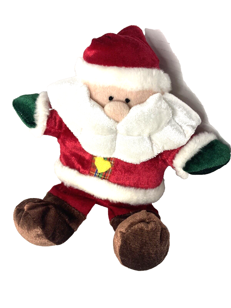 Sitting Santa Claus Plush With plaid Ribbon Heart Kr. Group Inc 7” Green Gloves