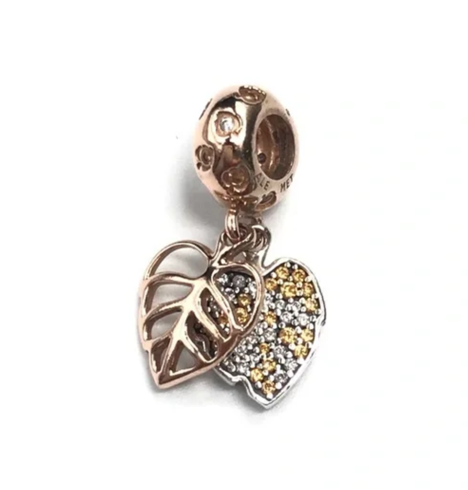 Pandora Sterling Silver Rose Gold Plated Orange CZ Leaf Dangle Charm  