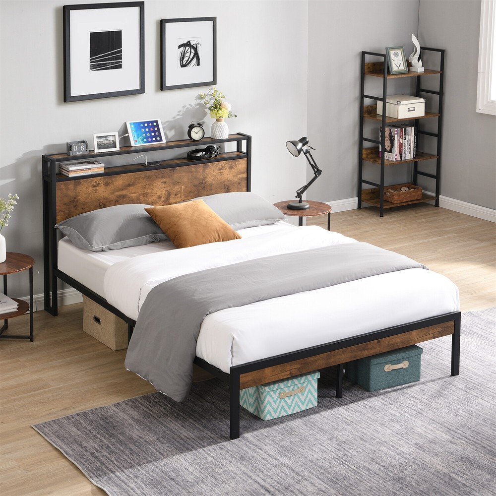 Full Size Metal Platform Bed Frame with Wood Headboard and USB Charging Port-image