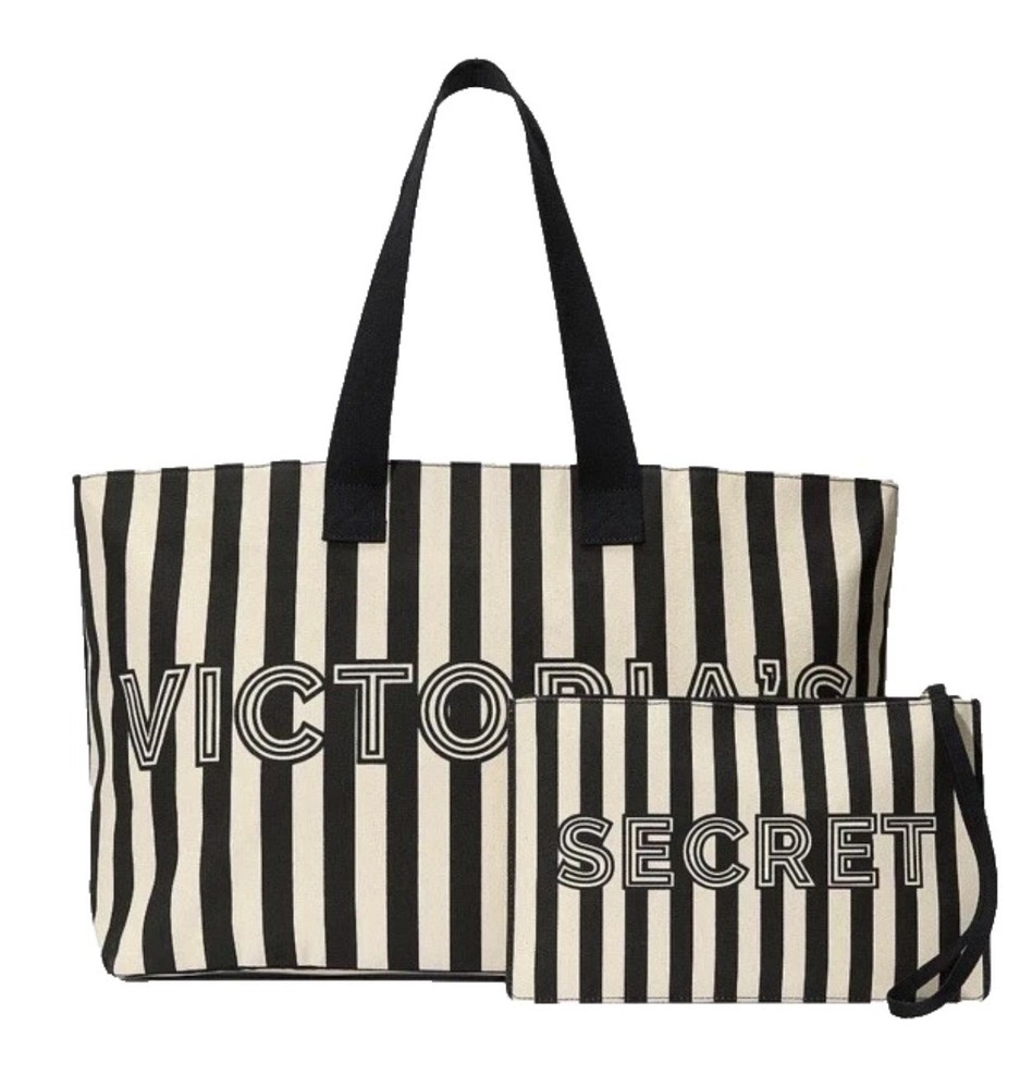 Victoria's Secret Logo Canvas Tote Bag & Wristlet Black White Stripe Bling VS