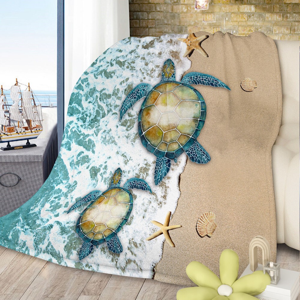 Sea Turtle Coastal Flannel Beach Swirls Throw Blanket Gift