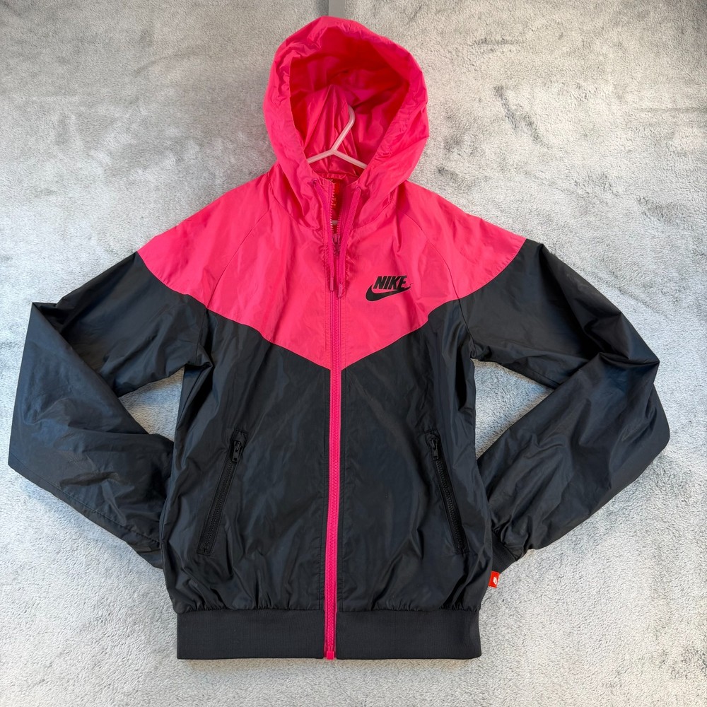 Nike Windbreaker Jacket Womens XS Hooded Pink Black Colorblock Full Zip