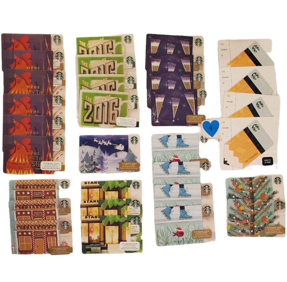 Starbucks Gift Card LOT 4 Gingerbread Iceskate 2016 Die-Cut Teacher Rooster Year-image