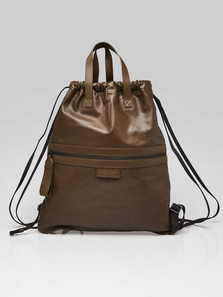 Bottega Veneta Dark Green Perforated Leather Drawstring Backpack Bag