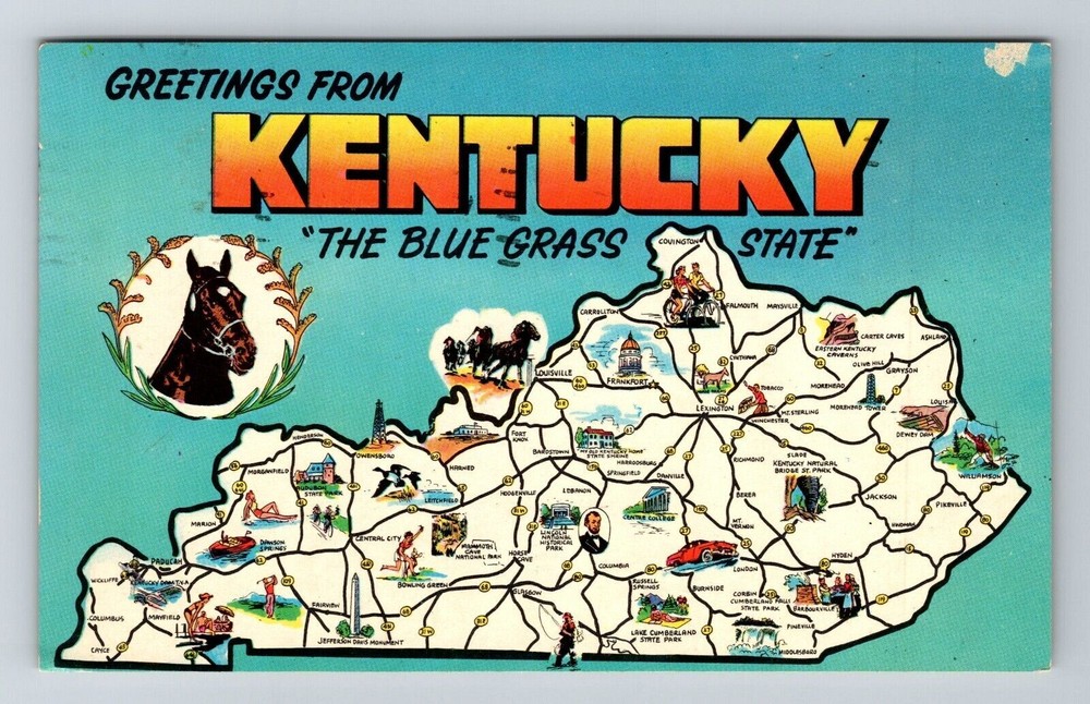 KY-Kentucky Scenic Map Greetings Landmarks Blue Grass State Vintage Postcard