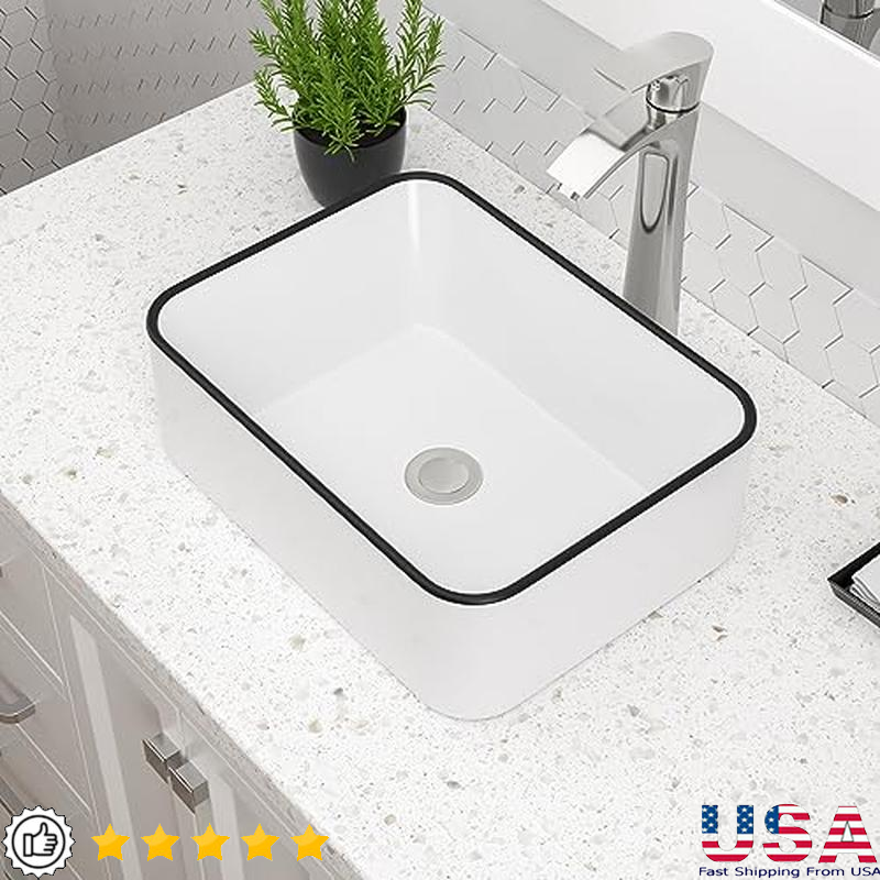 Modern Rectangular Ceramic Vessel Sink for Above Counter Bathroom Vanity