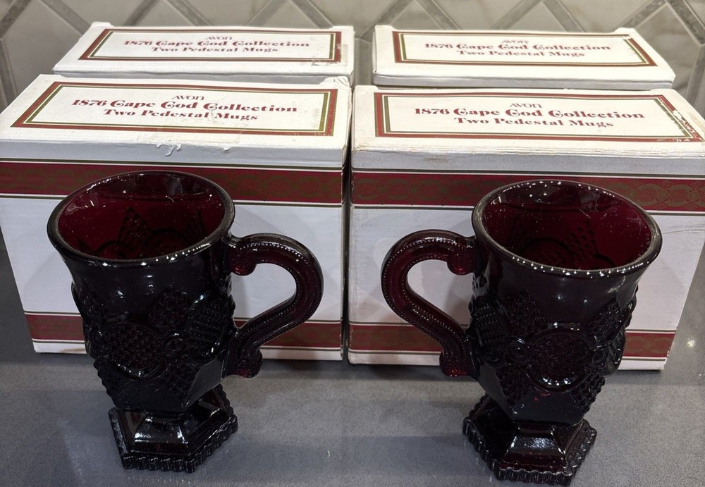 1876 Cape Cod Collection Avon Ruby Red Pedestal Mugs - Sets Of Two (2)