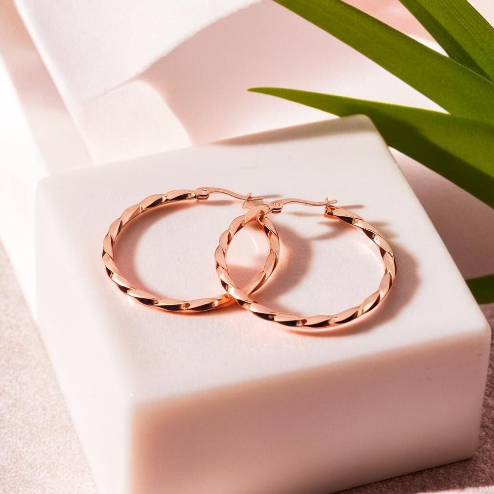 18K Rose Gold Twisted Huggie Hoops 2mm Thin Circle Earrings